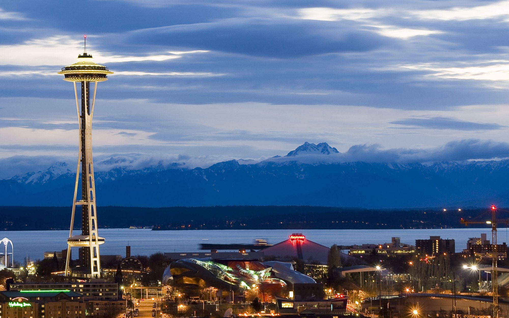 Seattle Center, the Space Needle and Elliott Bay at dusk